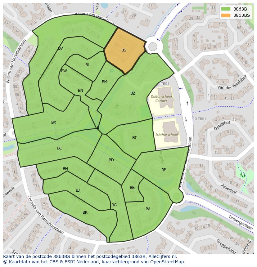 Afbeelding van het postcodegebied 3863 BS op de kaart.