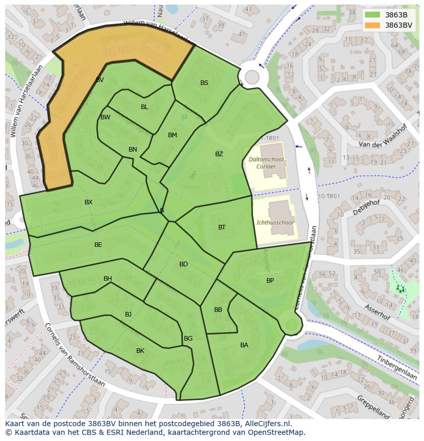 Afbeelding van het postcodegebied 3863 BV op de kaart.