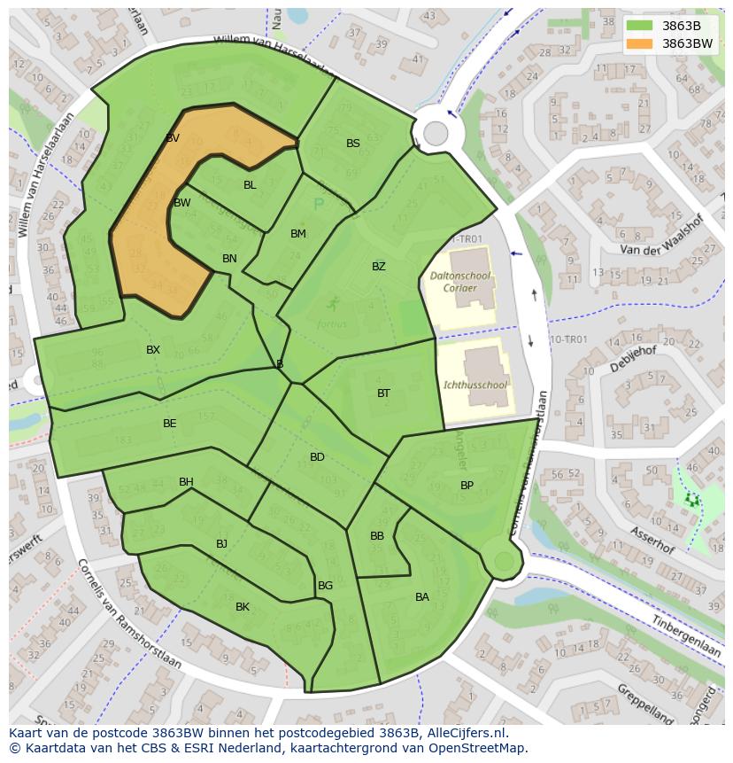 Afbeelding van het postcodegebied 3863 BW op de kaart.