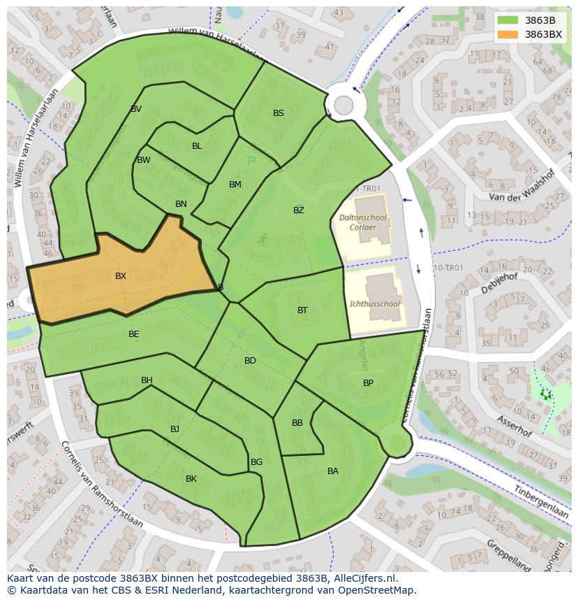Afbeelding van het postcodegebied 3863 BX op de kaart.