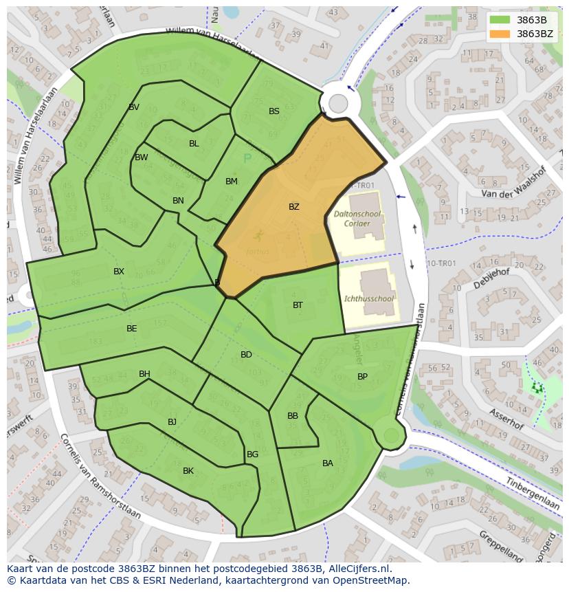 Afbeelding van het postcodegebied 3863 BZ op de kaart.