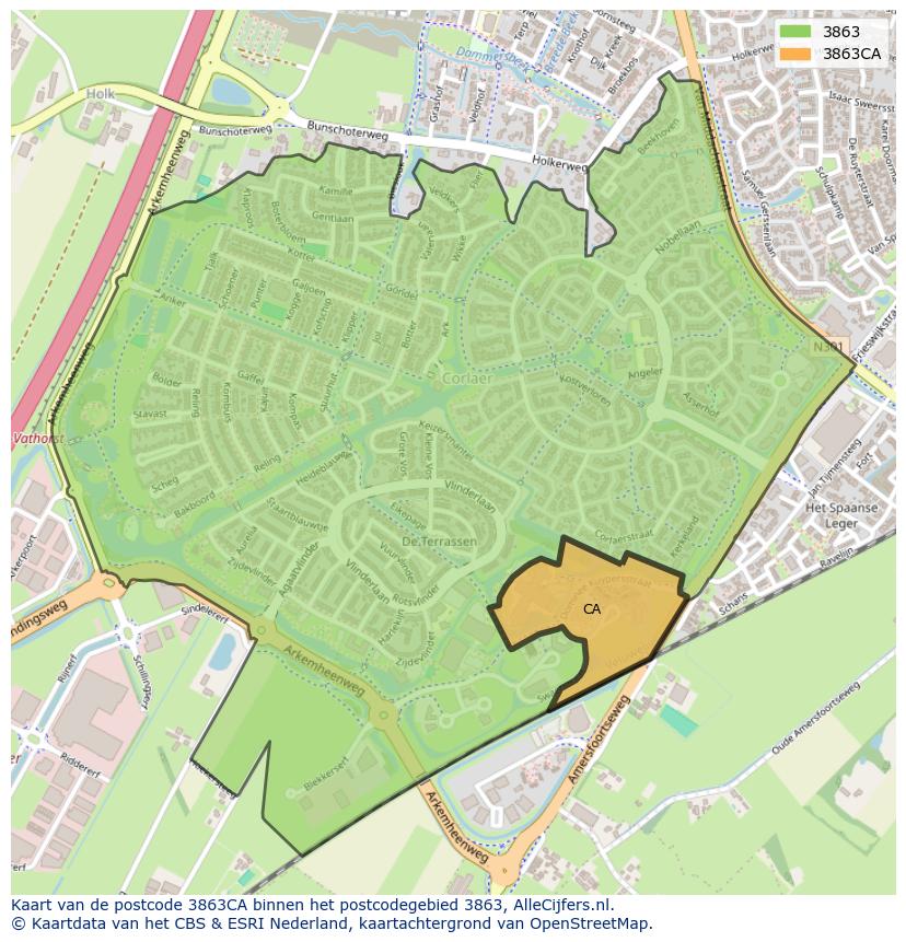 Afbeelding van het postcodegebied 3863 CA op de kaart.