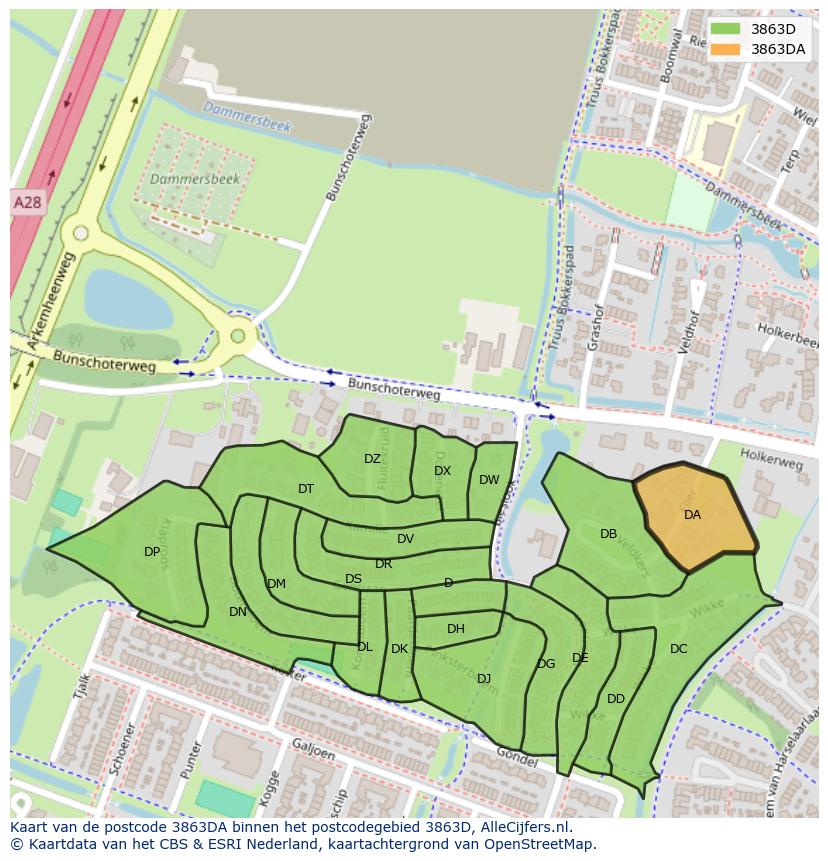 Afbeelding van het postcodegebied 3863 DA op de kaart.