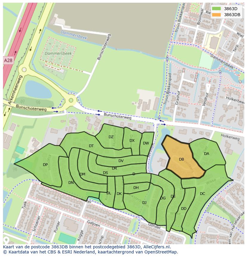 Afbeelding van het postcodegebied 3863 DB op de kaart.