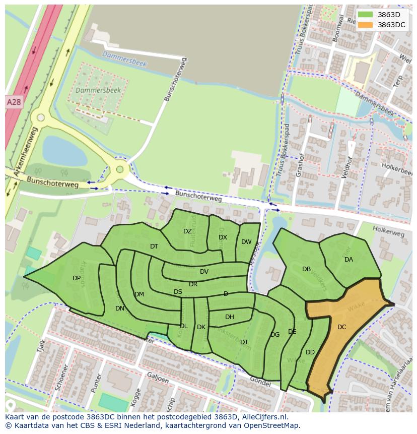 Afbeelding van het postcodegebied 3863 DC op de kaart.