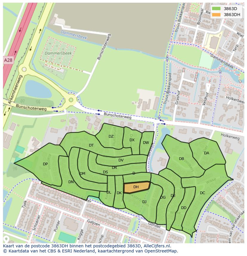 Afbeelding van het postcodegebied 3863 DH op de kaart.