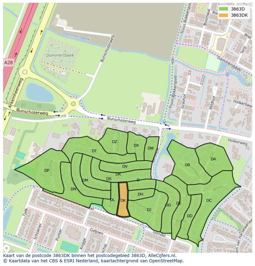 Afbeelding van het postcodegebied 3863 DK op de kaart.