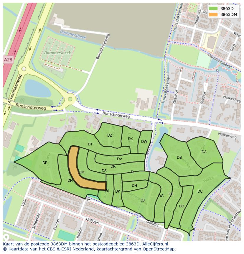 Afbeelding van het postcodegebied 3863 DM op de kaart.