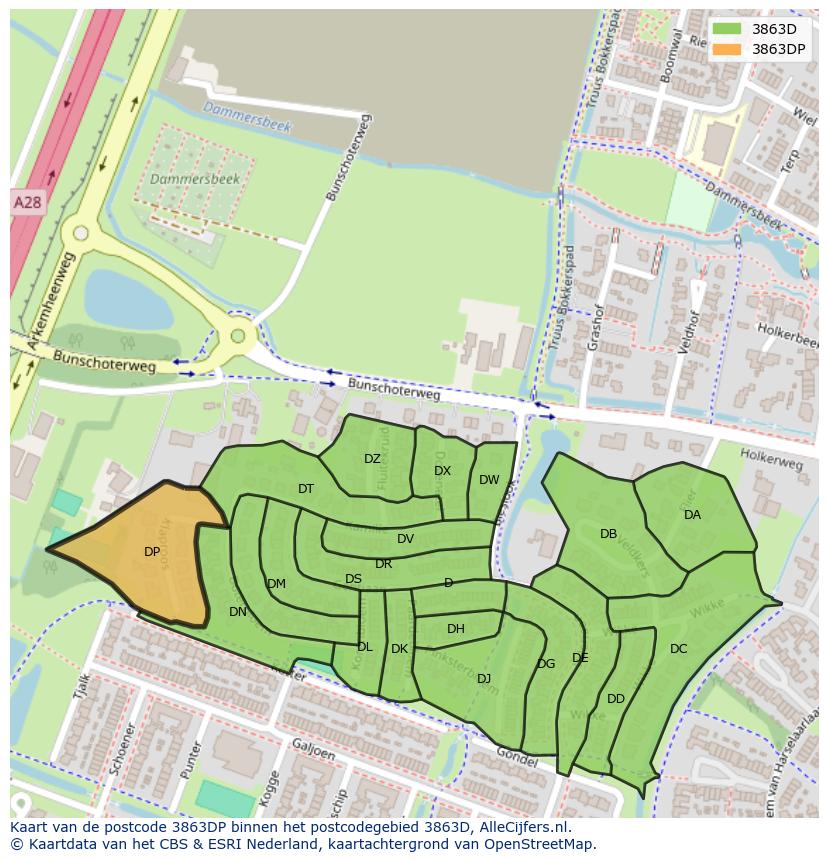 Afbeelding van het postcodegebied 3863 DP op de kaart.