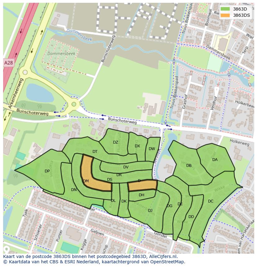 Afbeelding van het postcodegebied 3863 DS op de kaart.