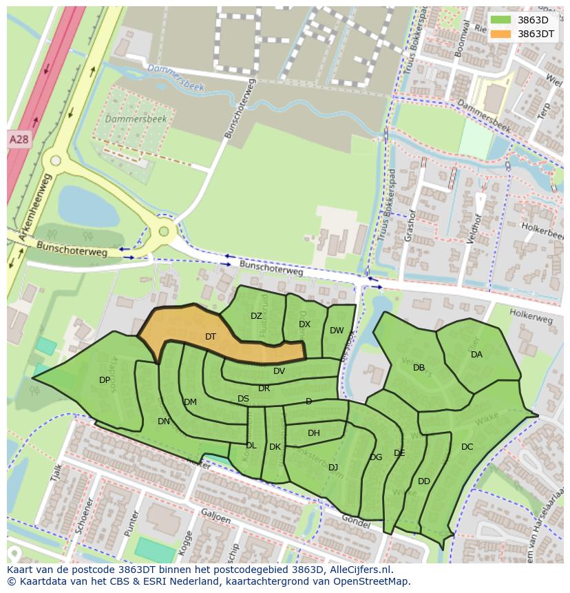 Afbeelding van het postcodegebied 3863 DT op de kaart.