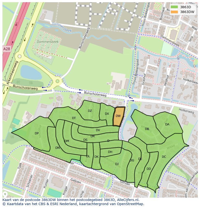 Afbeelding van het postcodegebied 3863 DW op de kaart.