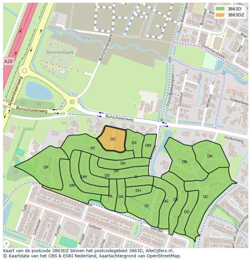 Afbeelding van het postcodegebied 3863 DZ op de kaart.