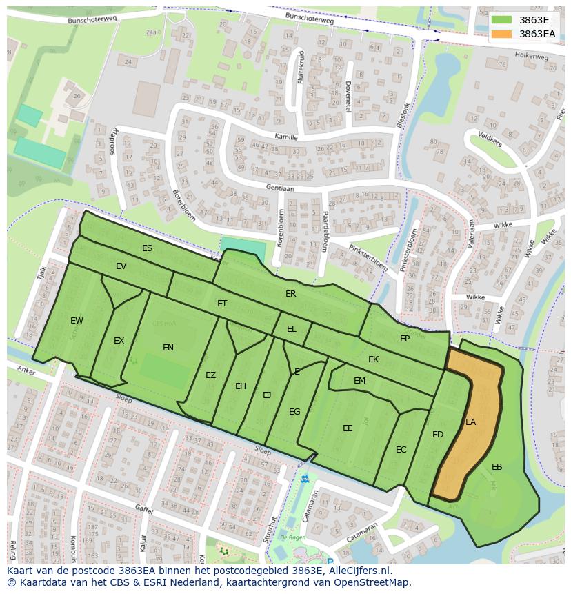 Afbeelding van het postcodegebied 3863 EA op de kaart.