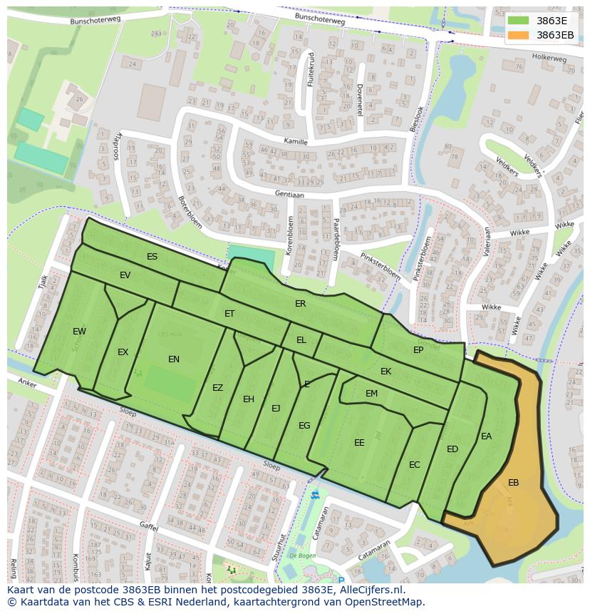 Afbeelding van het postcodegebied 3863 EB op de kaart.