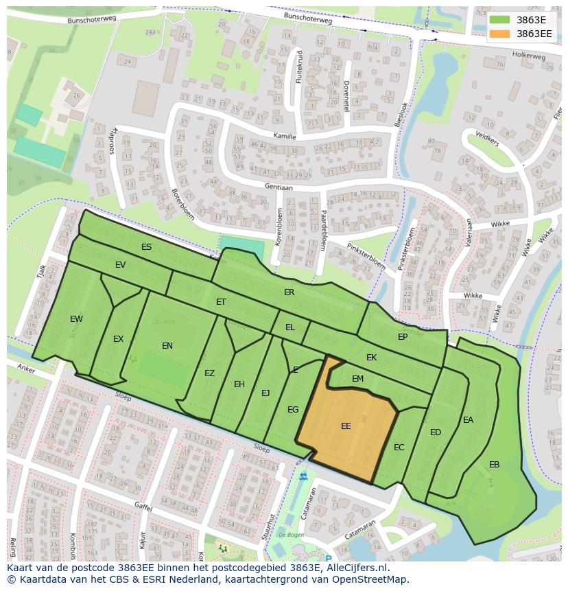 Afbeelding van het postcodegebied 3863 EE op de kaart.