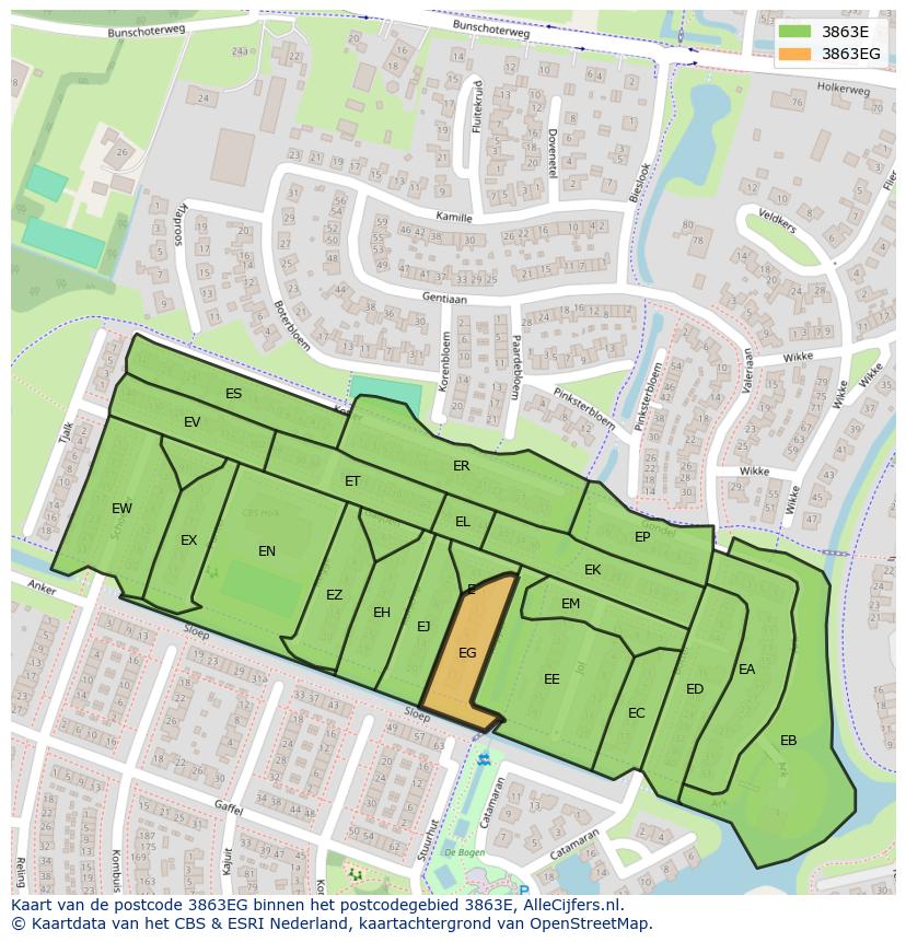Afbeelding van het postcodegebied 3863 EG op de kaart.