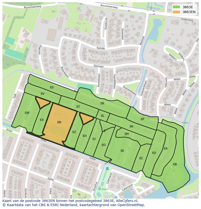 Afbeelding van het postcodegebied 3863 EN op de kaart.