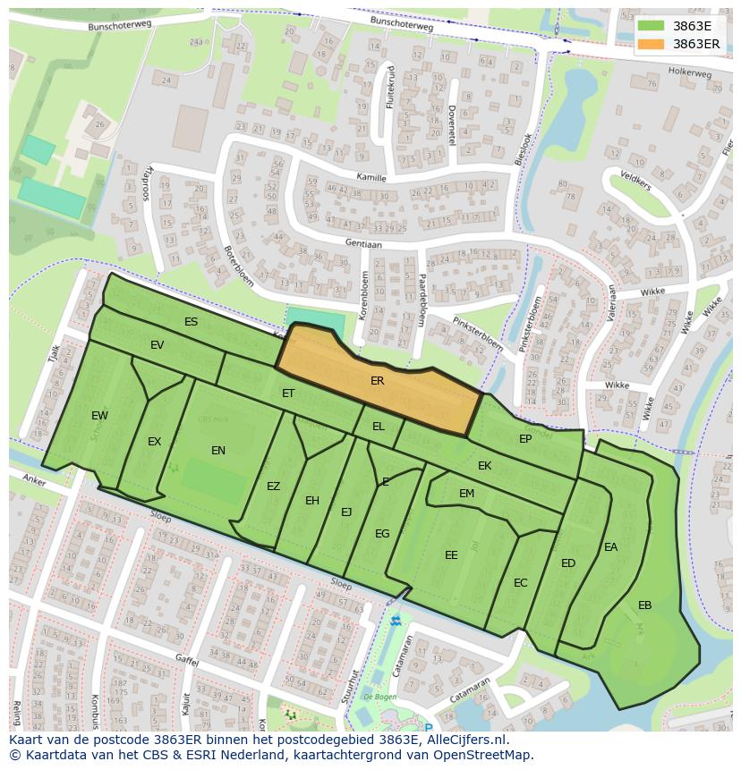 Afbeelding van het postcodegebied 3863 ER op de kaart.