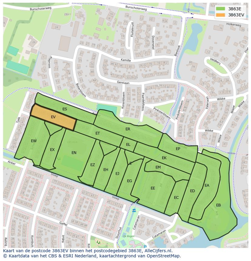 Afbeelding van het postcodegebied 3863 EV op de kaart.