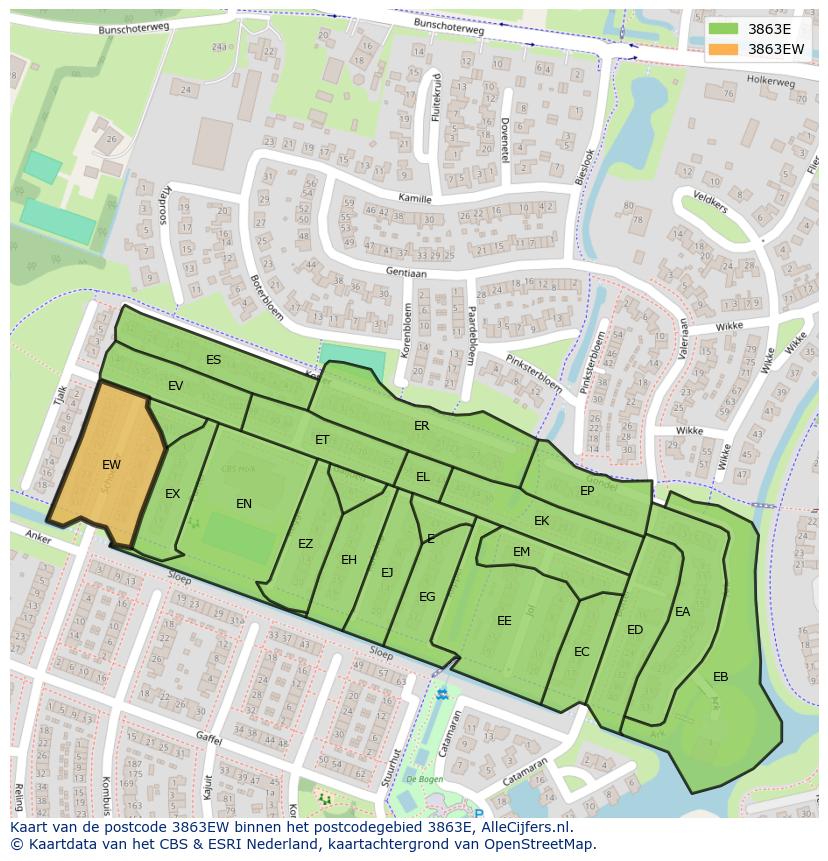 Afbeelding van het postcodegebied 3863 EW op de kaart.