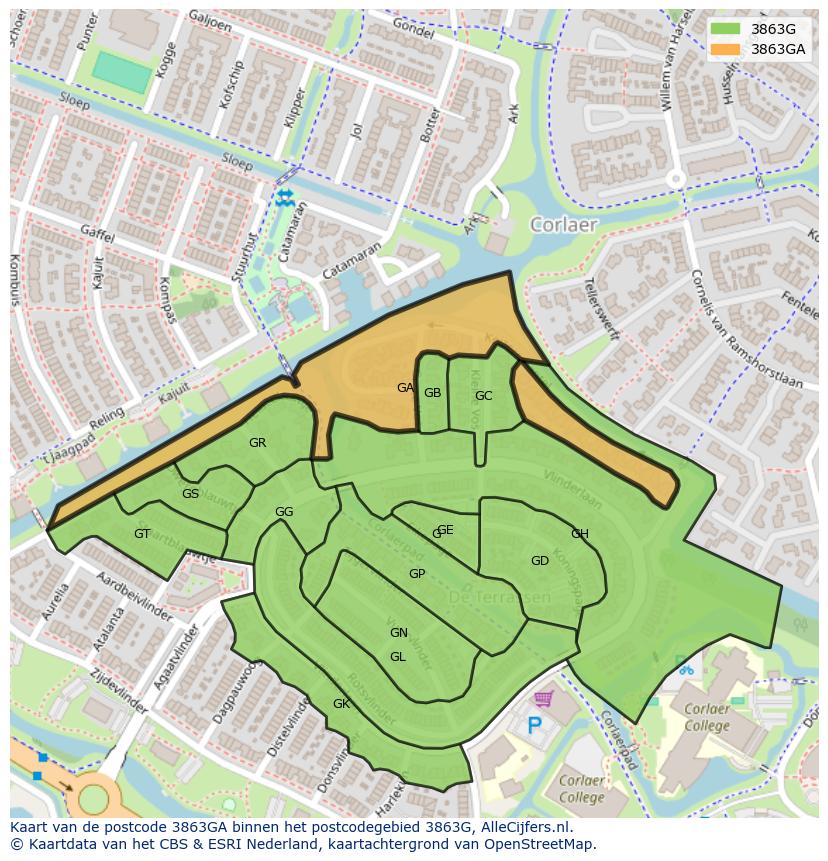 Afbeelding van het postcodegebied 3863 GA op de kaart.