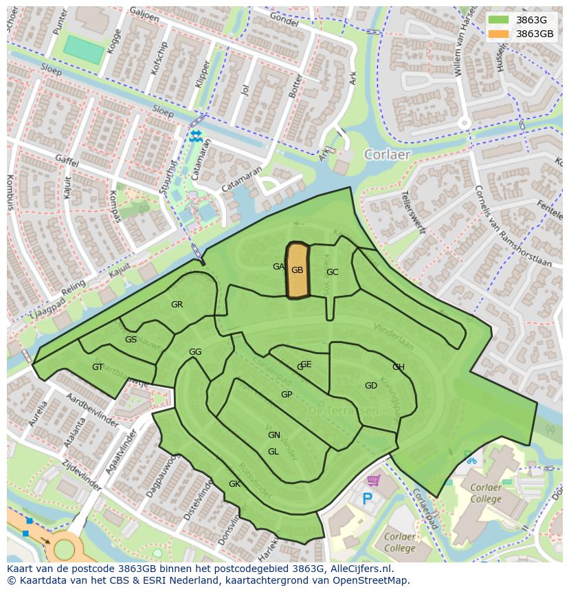 Afbeelding van het postcodegebied 3863 GB op de kaart.