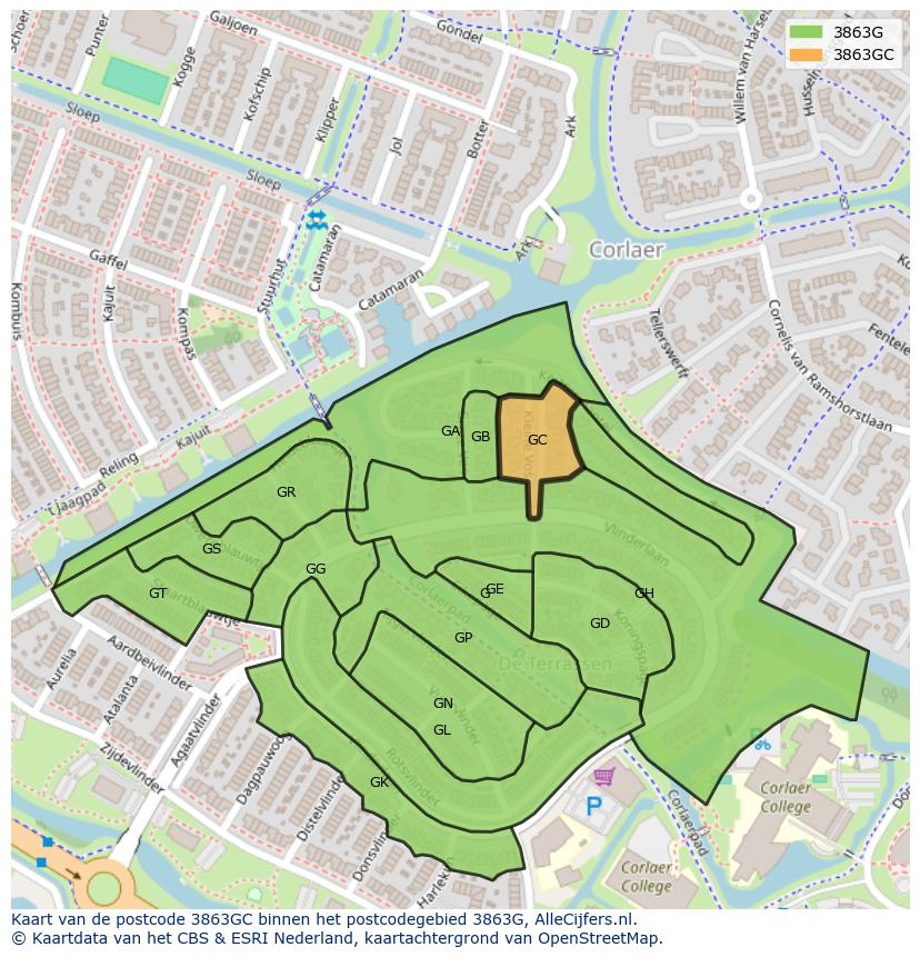 Afbeelding van het postcodegebied 3863 GC op de kaart.