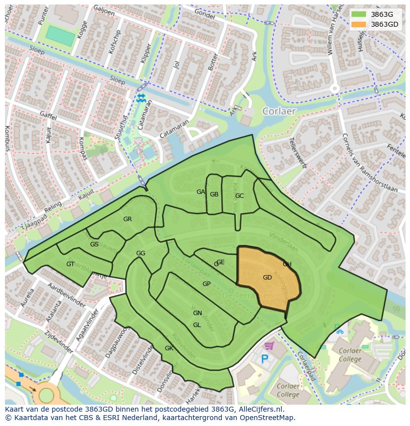 Afbeelding van het postcodegebied 3863 GD op de kaart.