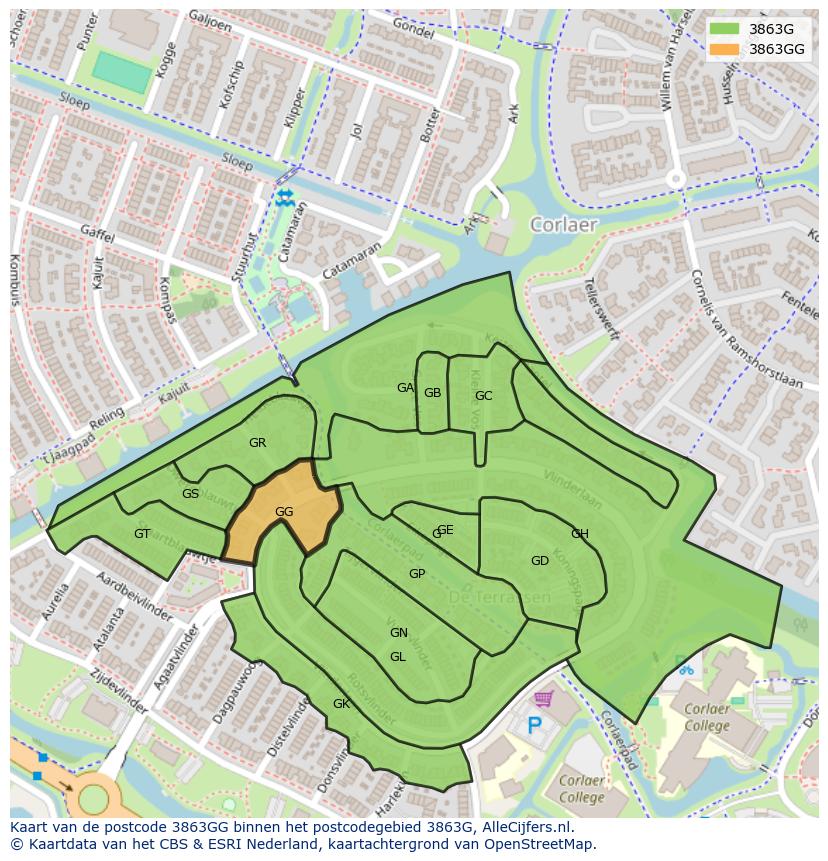 Afbeelding van het postcodegebied 3863 GG op de kaart.