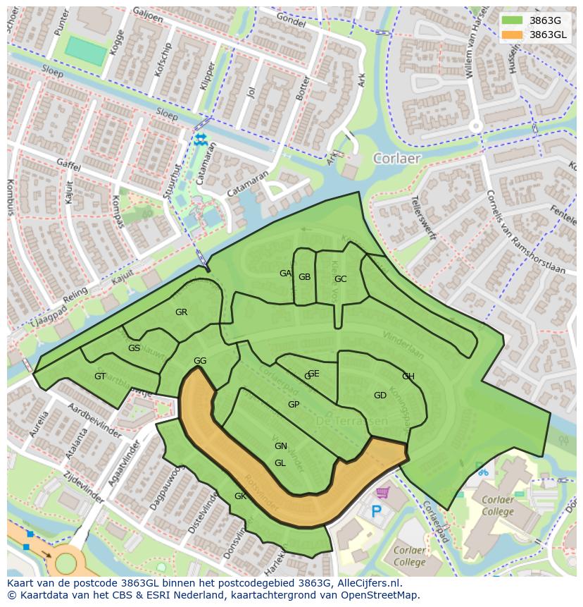 Afbeelding van het postcodegebied 3863 GL op de kaart.