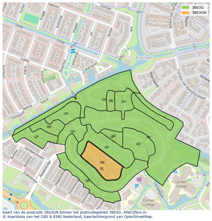 Afbeelding van het postcodegebied 3863 GN op de kaart.
