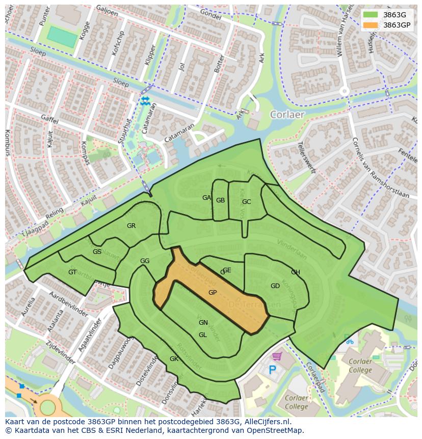 Afbeelding van het postcodegebied 3863 GP op de kaart.