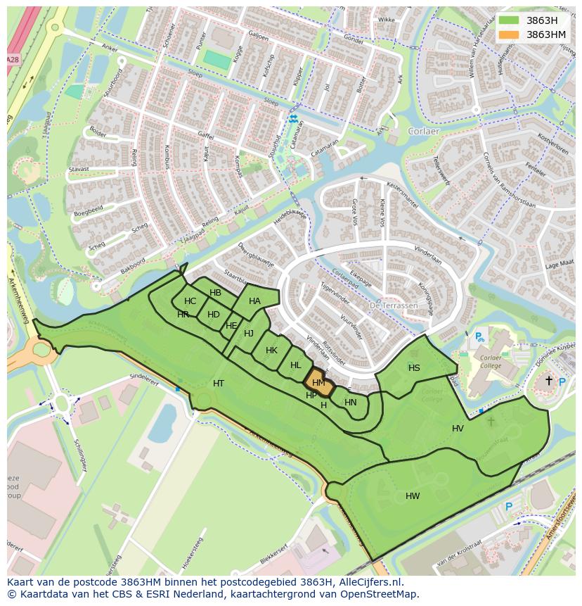 Afbeelding van het postcodegebied 3863 HM op de kaart.