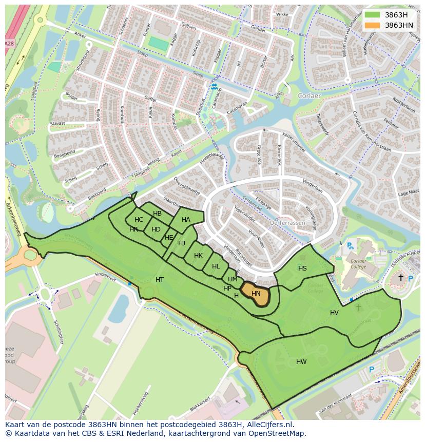 Afbeelding van het postcodegebied 3863 HN op de kaart.
