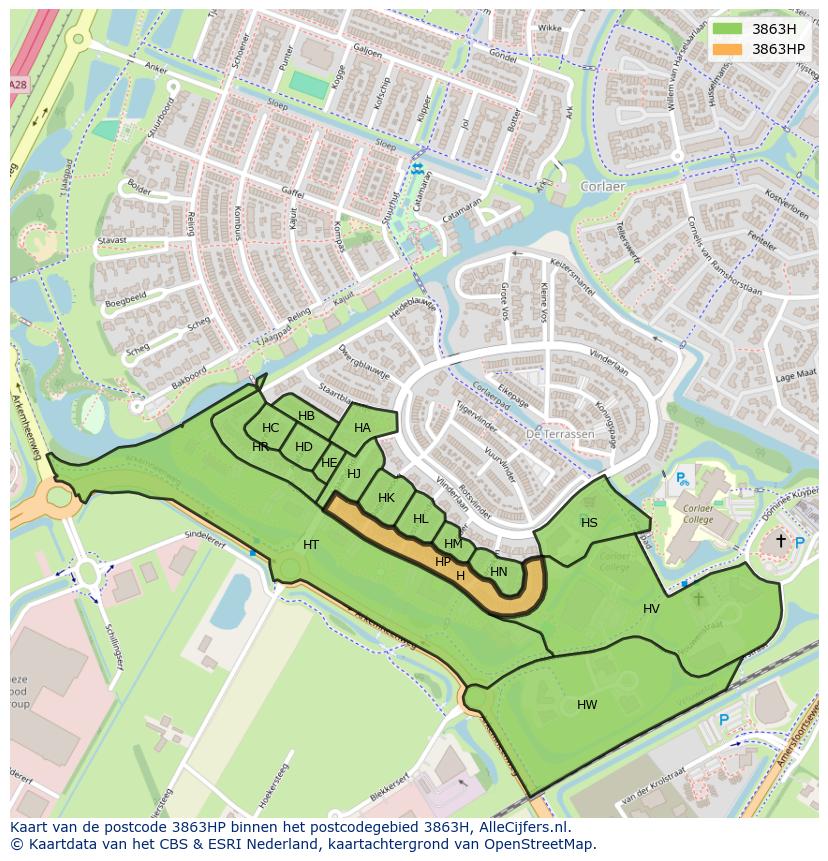 Afbeelding van het postcodegebied 3863 HP op de kaart.