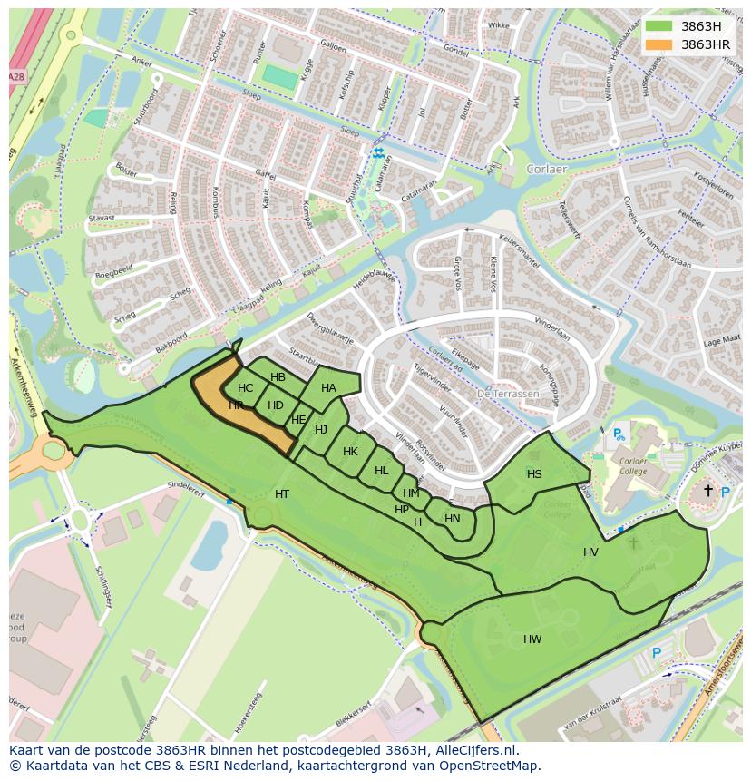 Afbeelding van het postcodegebied 3863 HR op de kaart.