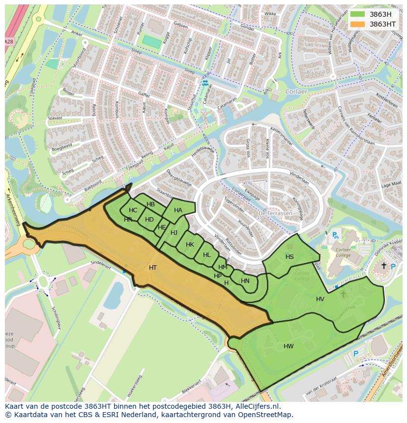 Afbeelding van het postcodegebied 3863 HT op de kaart.