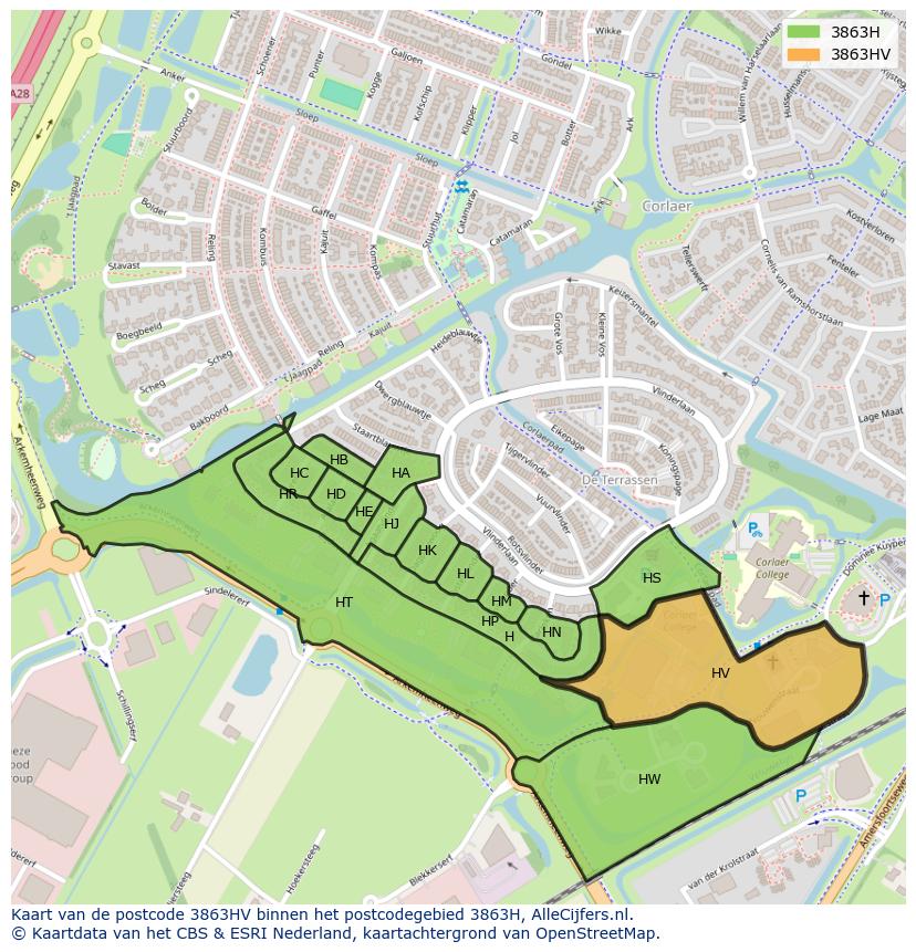 Afbeelding van het postcodegebied 3863 HV op de kaart.