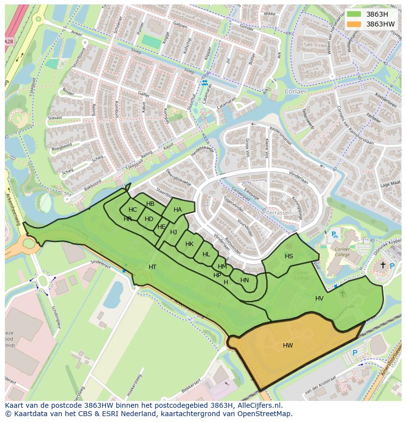 Afbeelding van het postcodegebied 3863 HW op de kaart.
