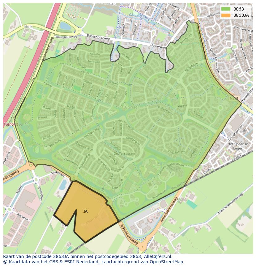 Afbeelding van het postcodegebied 3863 JA op de kaart.