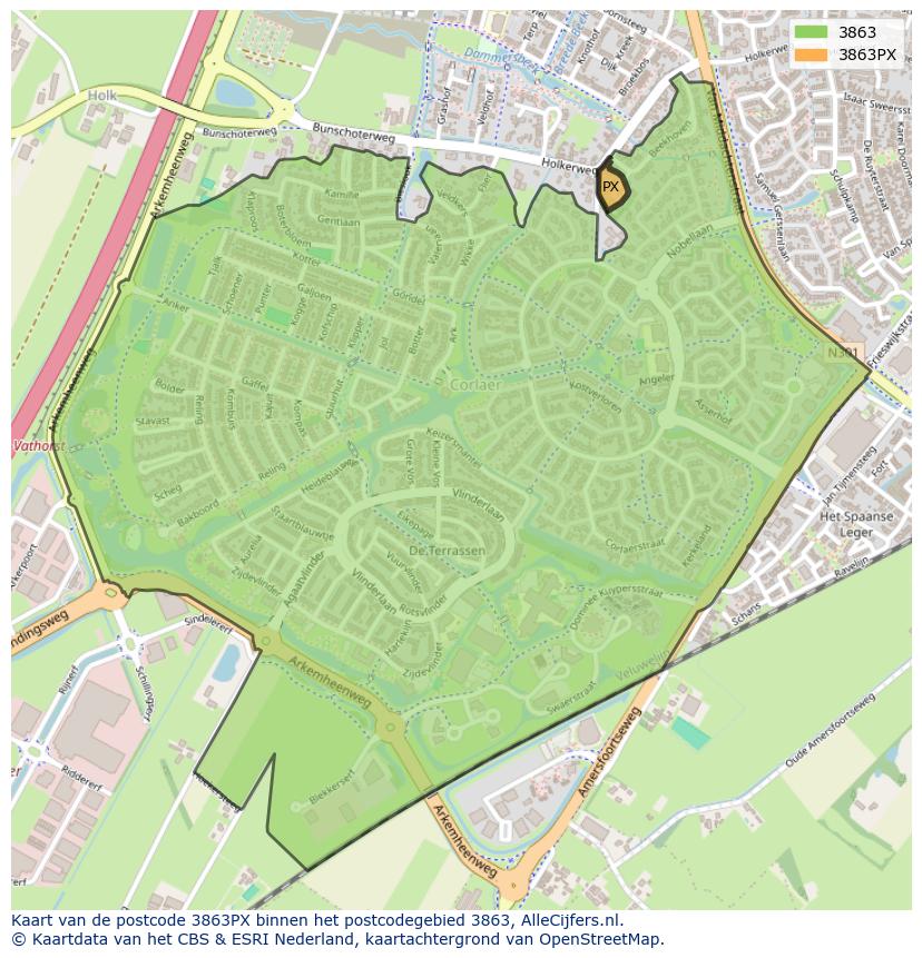 Afbeelding van het postcodegebied 3863 PX op de kaart.