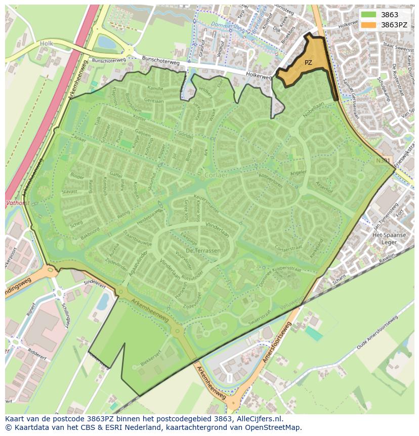 Afbeelding van het postcodegebied 3863 PZ op de kaart.