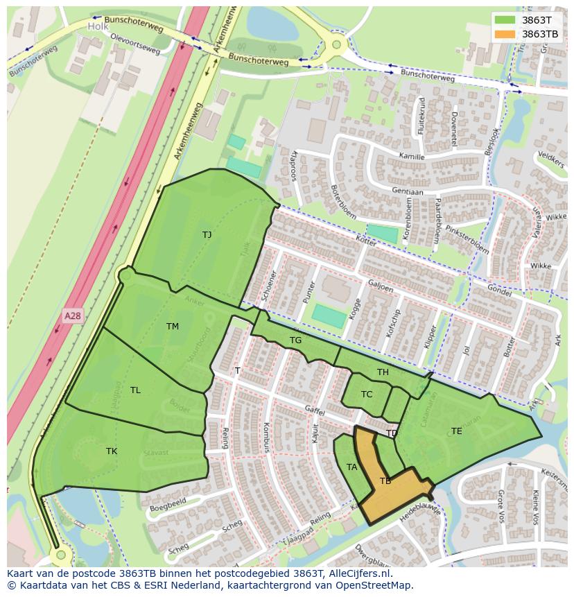 Afbeelding van het postcodegebied 3863 TB op de kaart.
