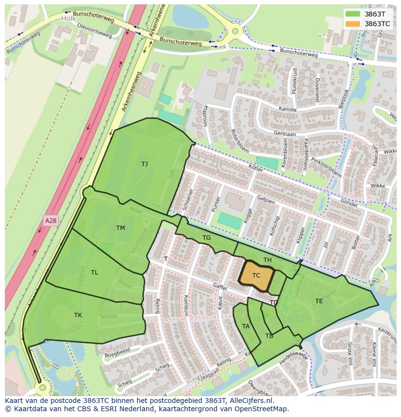 Afbeelding van het postcodegebied 3863 TC op de kaart.