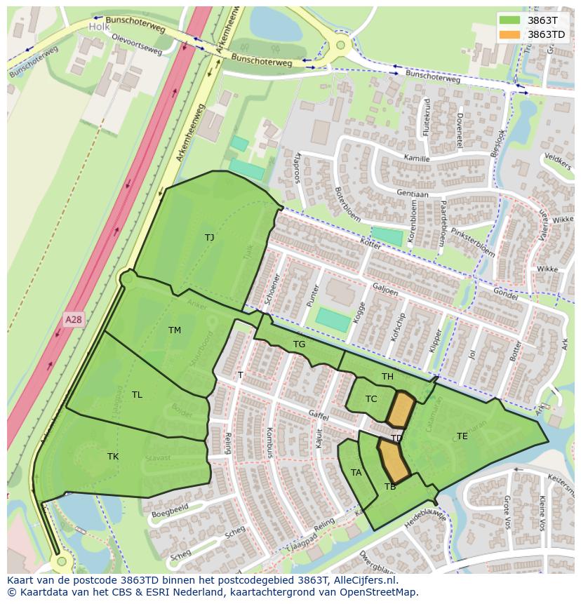 Afbeelding van het postcodegebied 3863 TD op de kaart.