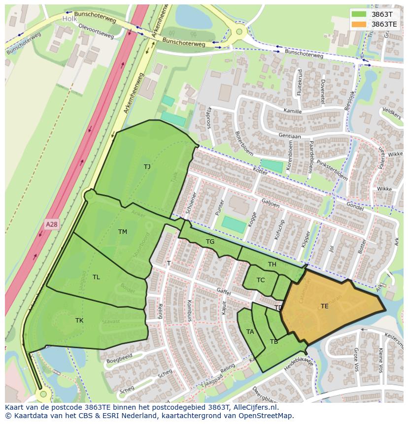 Afbeelding van het postcodegebied 3863 TE op de kaart.