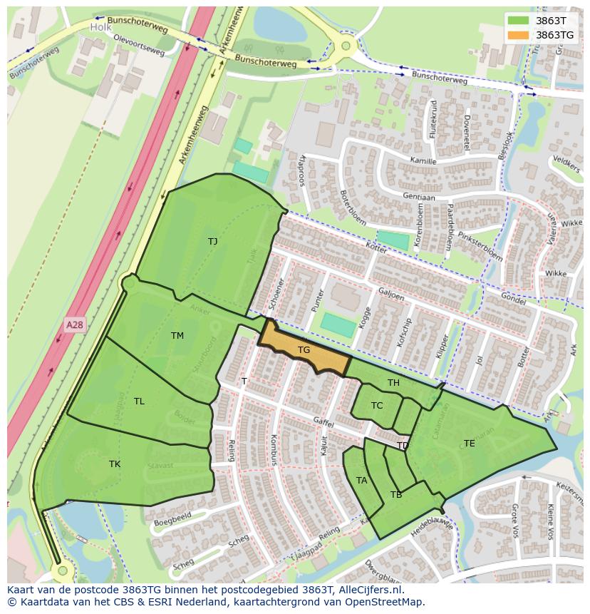 Afbeelding van het postcodegebied 3863 TG op de kaart.