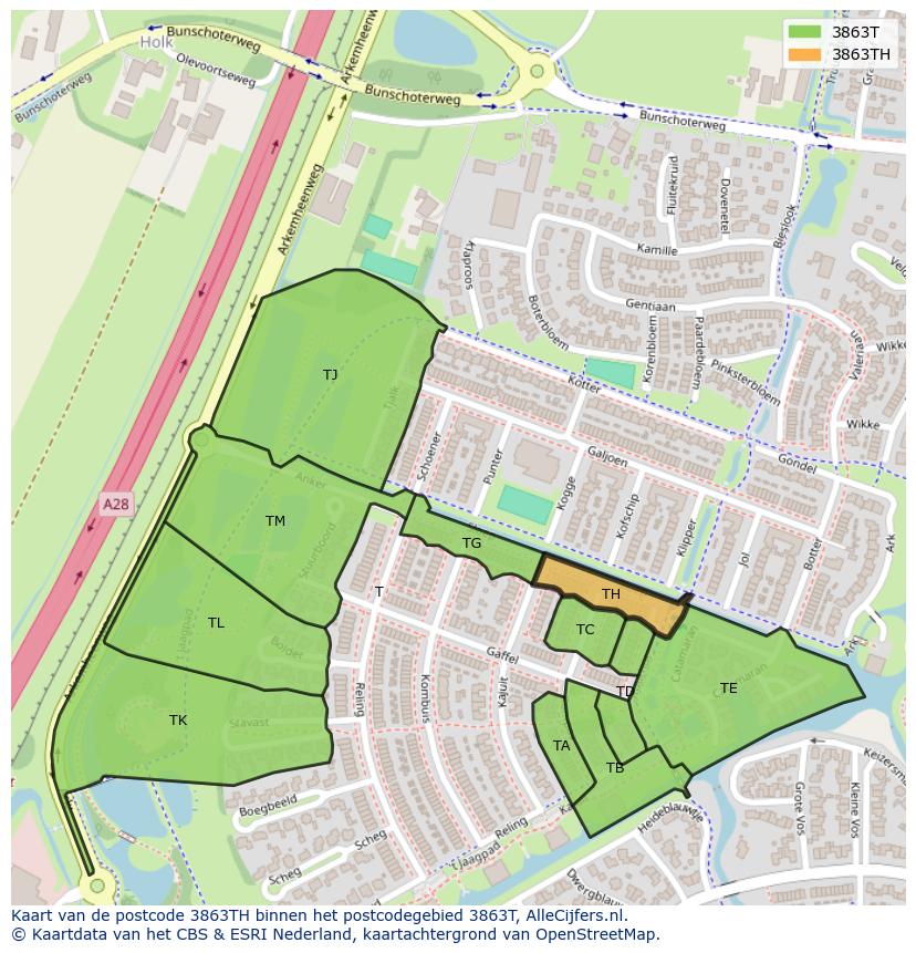 Afbeelding van het postcodegebied 3863 TH op de kaart.