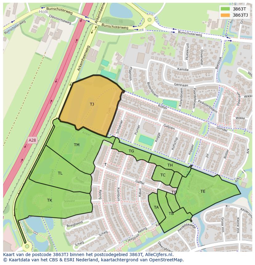 Afbeelding van het postcodegebied 3863 TJ op de kaart.